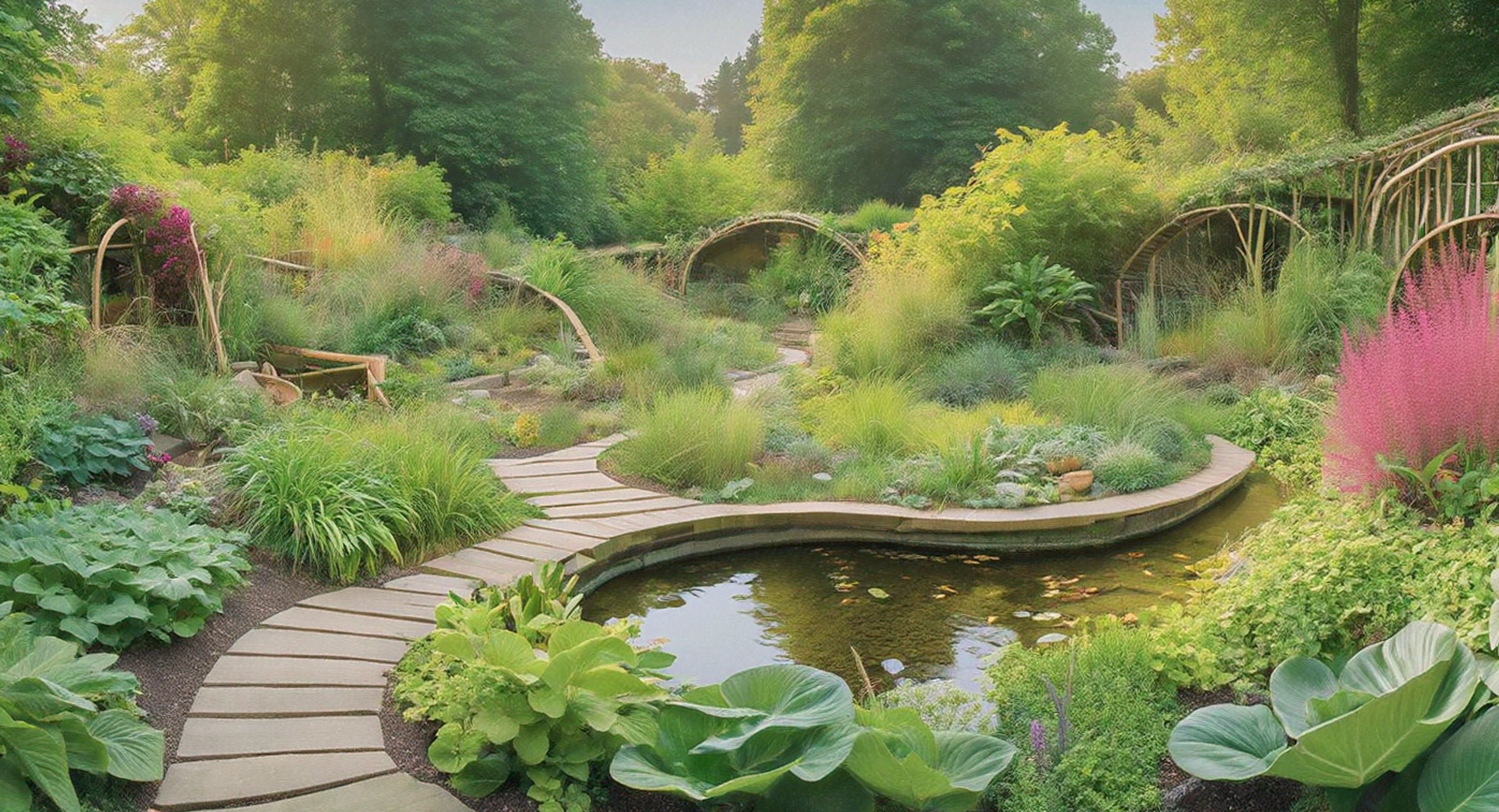Natural garden with stone walk way and small ponds.