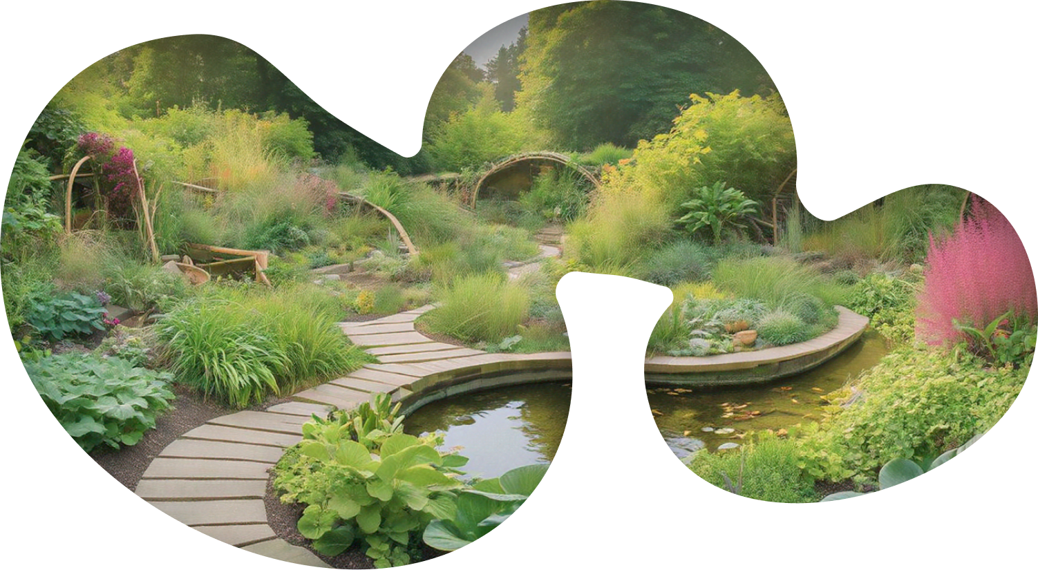 Connected bean-shaped forms filled with lush garden with stone walk way and small ponds.