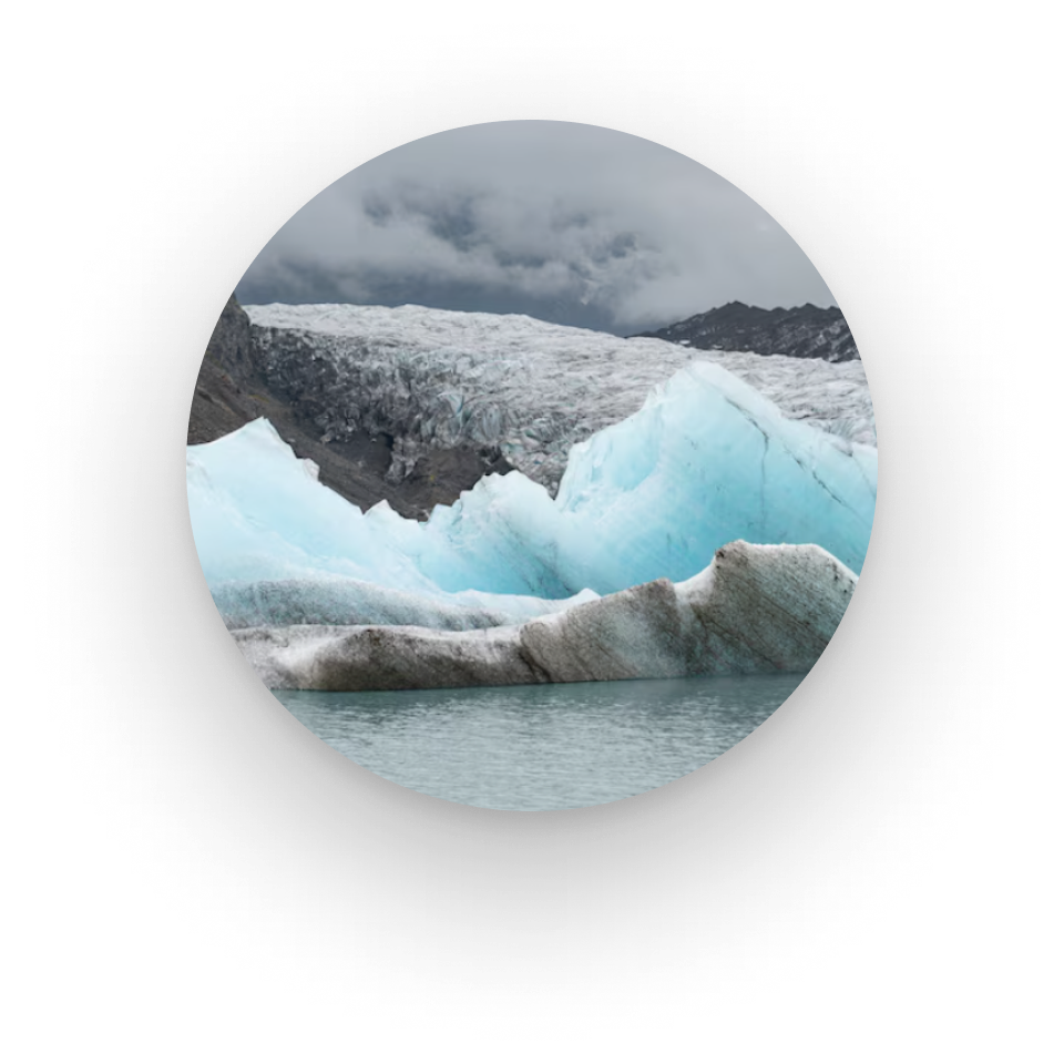 Melting glacier ice on a mountainous landscape